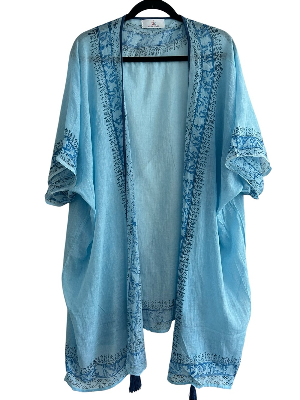 Kareenas Blue Boho Cotton Gauze Kimono Cover Up Tassel Duster One Size